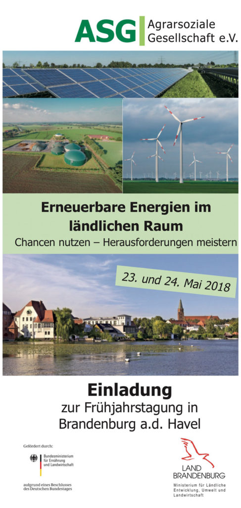 Erneuerbare Energien im ländlichen Raum Chancen nutzen – Herausforderungen meistern. Einladung zur Frühjahrstagung in Brandenburg a.d. Havel am 23. und 24. Mai 2018